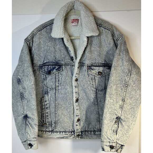 Vintage 80s Levi’s SHERPA Lined Acid Wash Denim Trucker Jacket Made In USA Large - Picture 1 of 12